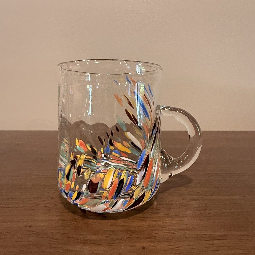 Hand Blown Art Glass Mug Multicolor Confetti Frit Clear Handle Studio Glass 4.5" - Picture 6 of 8
